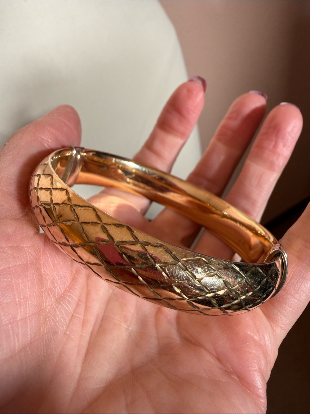 Vintage 1/20 14k sterling silver art deco etched wide Bangle bracelet